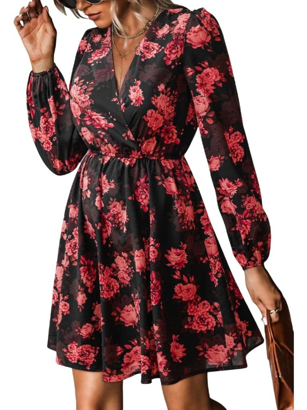 Women's Red Summer Fall Floral Long Sleeve V Neck Boho Mini Wedding Guest Dress